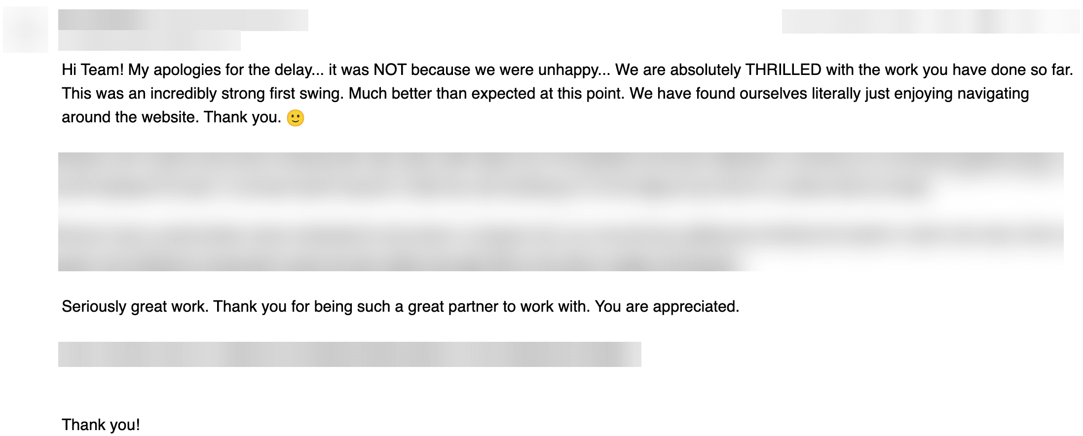 Email from a client reviewing the first version of their new website
