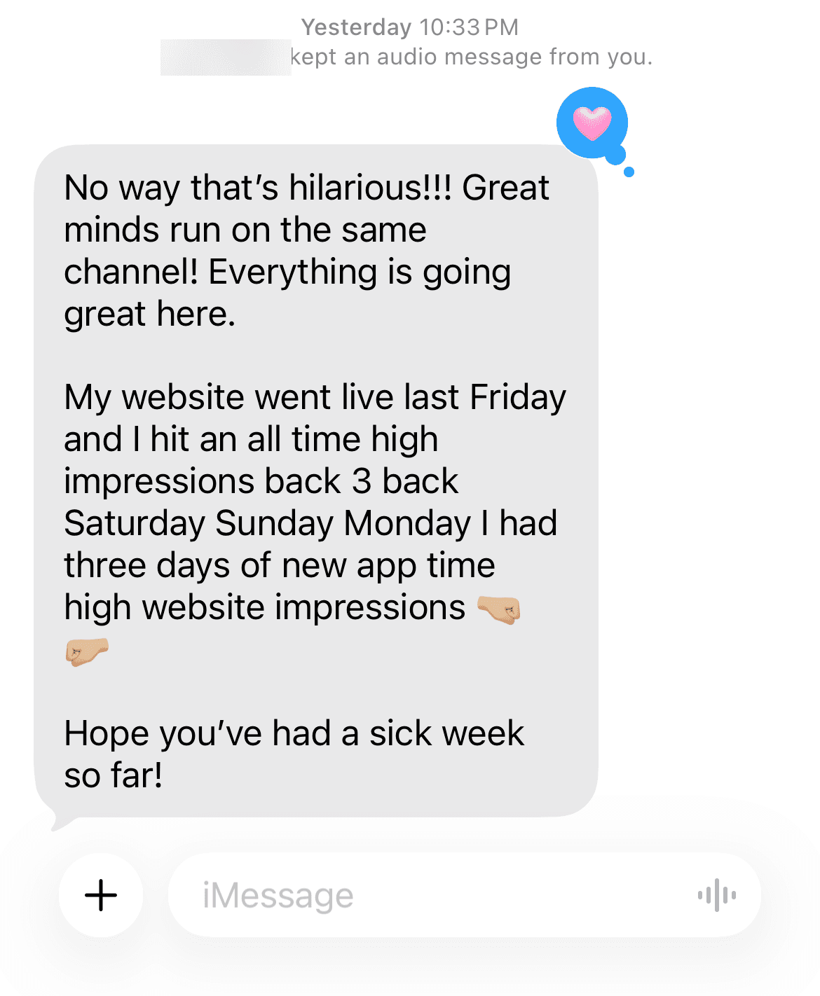 Text message from a client reporting three straight days of record website impressions after launch