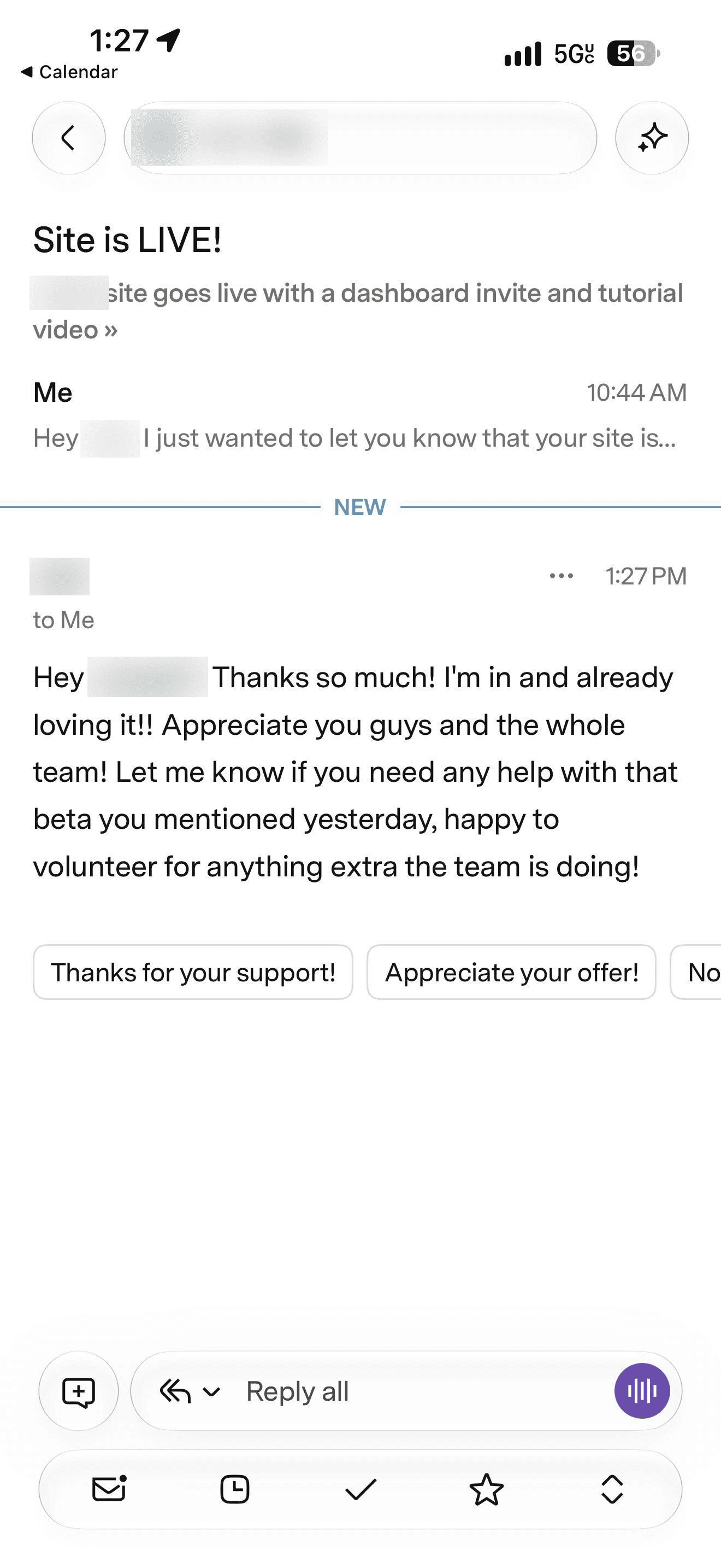 Email from a client replying to the note that their site is live
