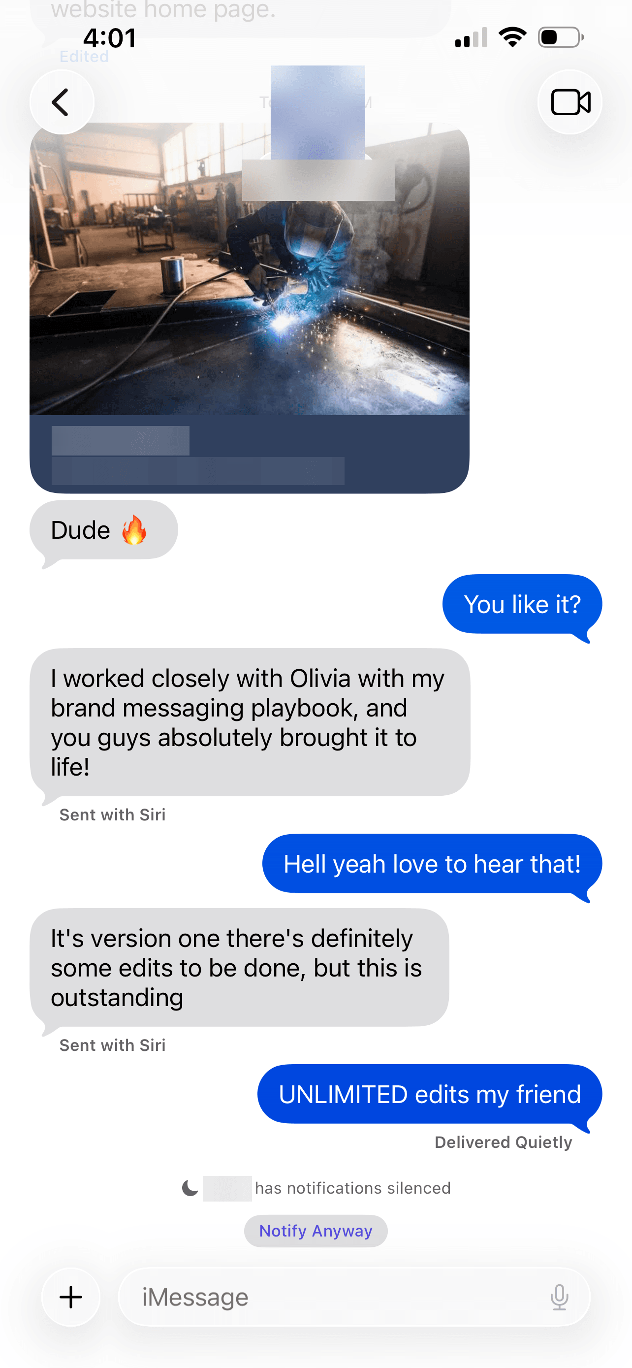 Text message from a client reacting to the first version of their new site