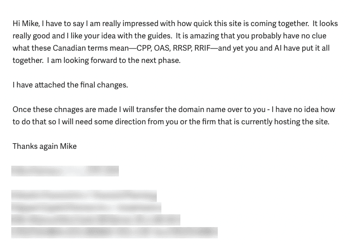 Email from a Canadian advisor impressed by how their site handled Canadian retirement terminology