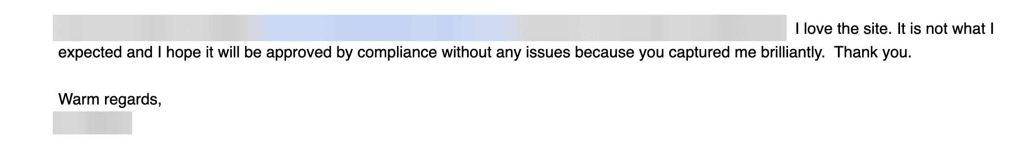 Email from an advisor reacting to their new website
