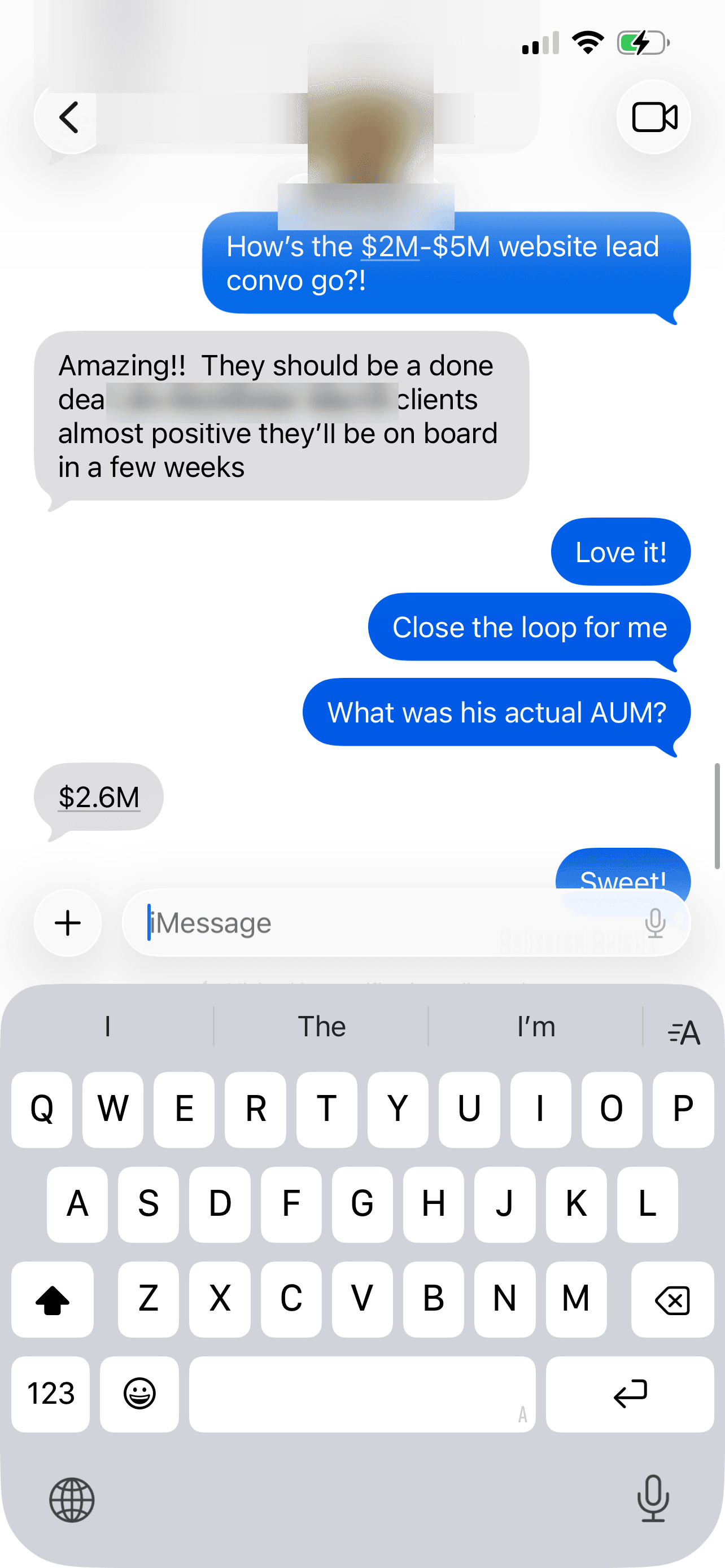 Text message from a client about a $2.6M prospect who found them through the website
