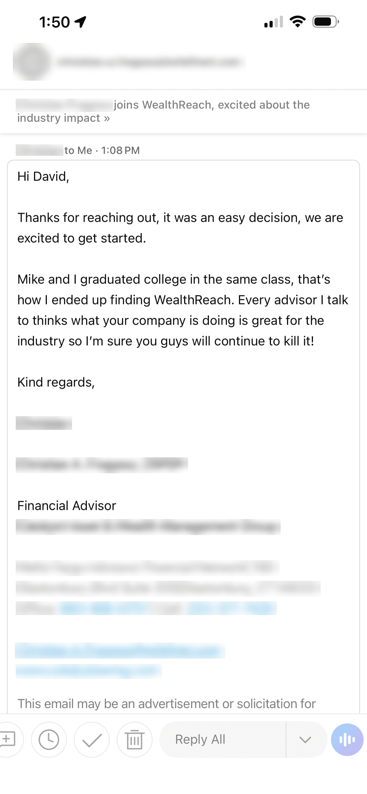 Email from a financial advisor after signing on with WealthReach