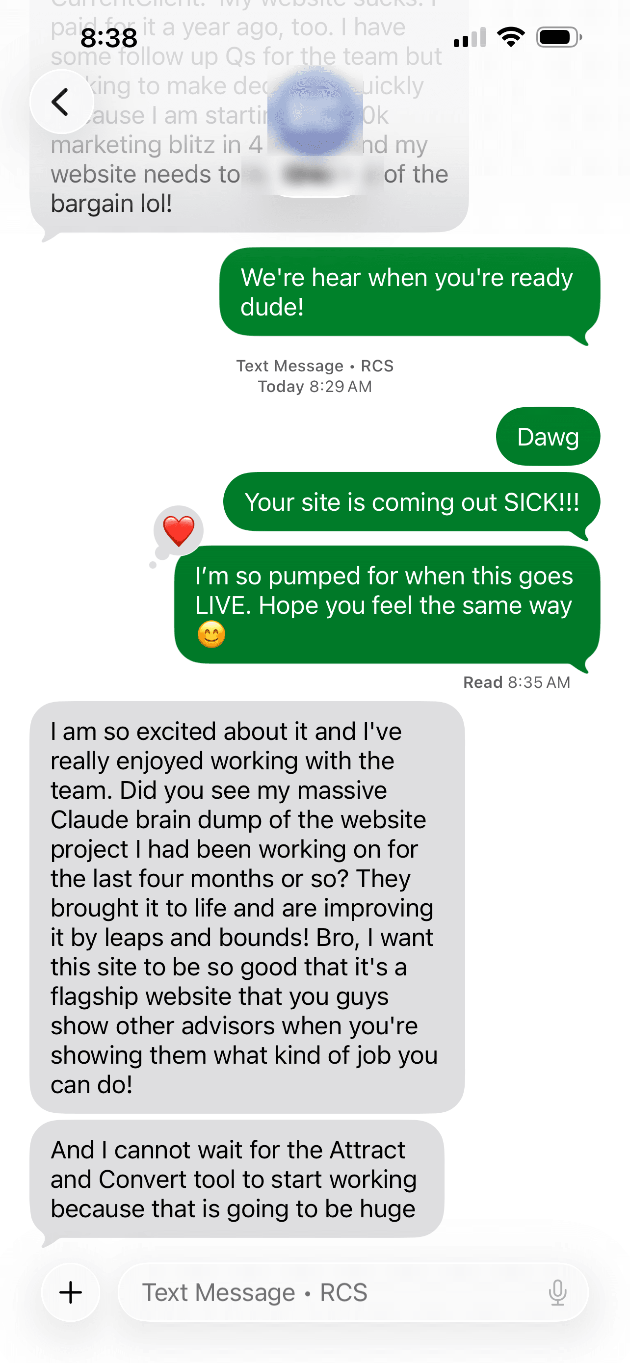 Text message from a client describing the build of their new website