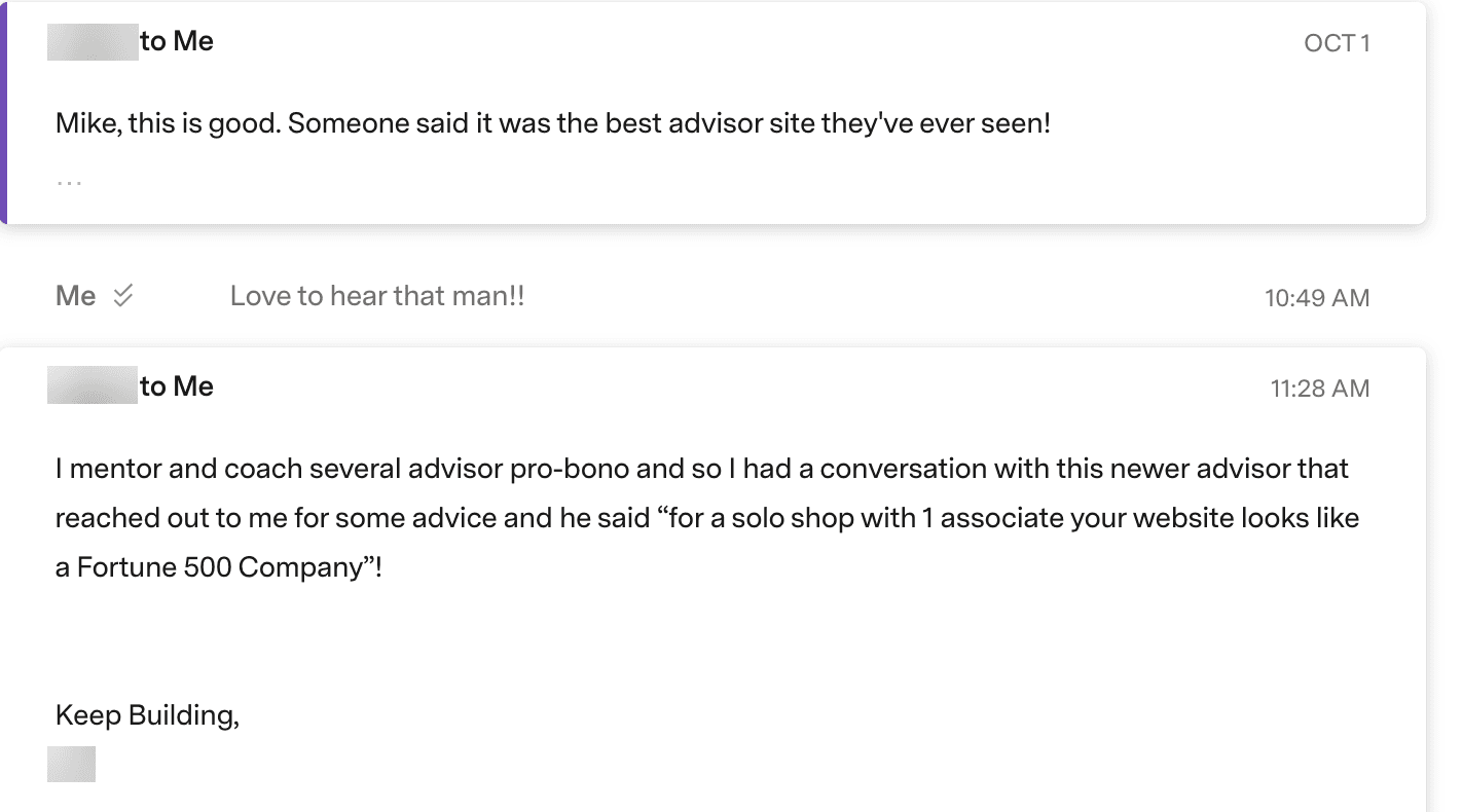 Two emails from a client relaying what other advisors said about his new website
