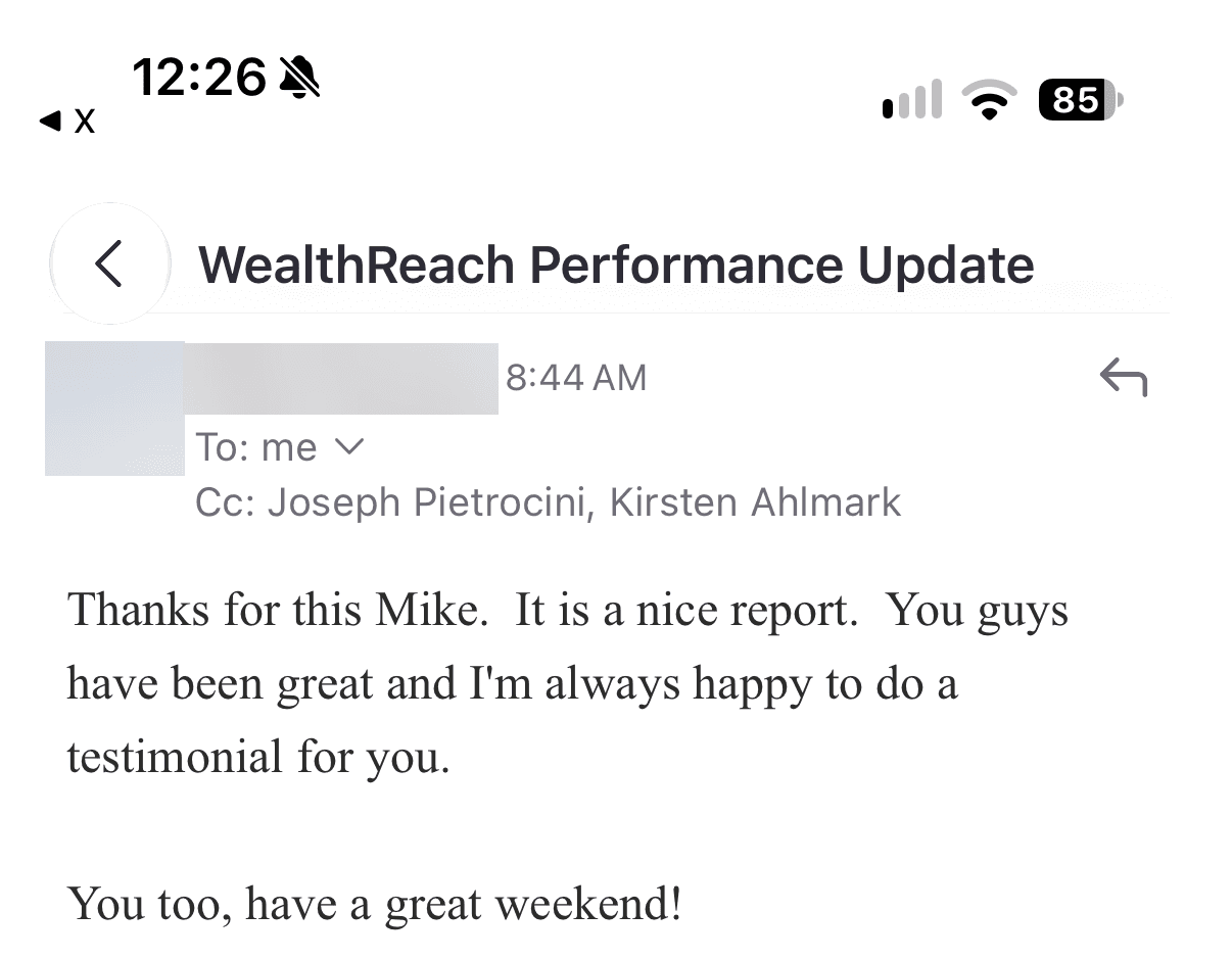 Email from a client replying to their monthly performance report