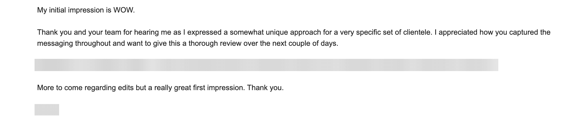 Email from an advisor with a niche clientele reacting to the first version of their website