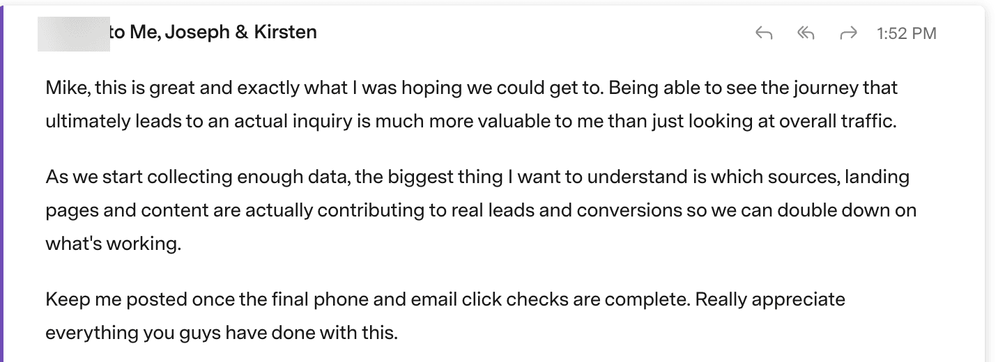 Email from a client about seeing the path visitors take before they inquire