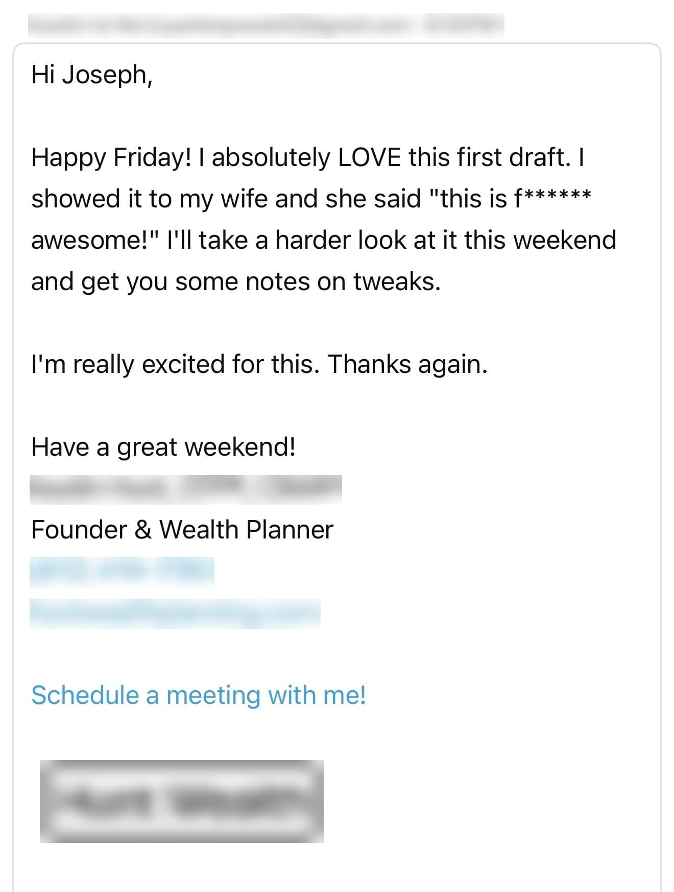 Email from a firm founder reacting to the first draft of their site