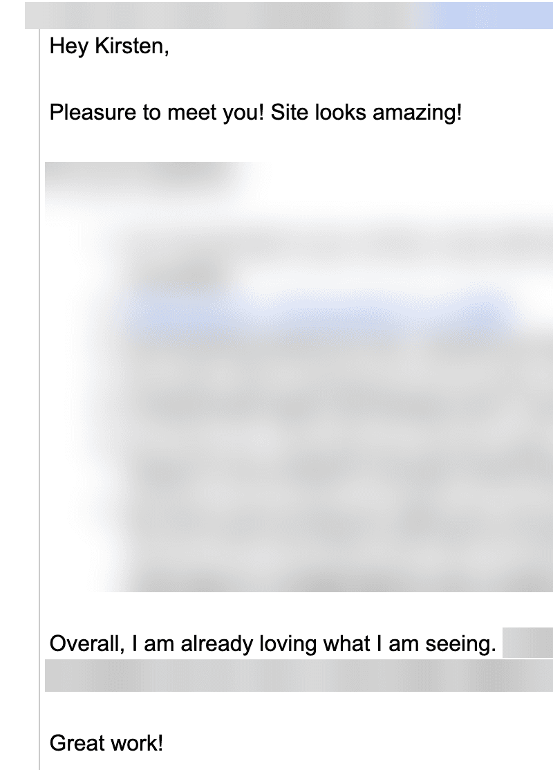 Email from an advisor reviewing their new website
