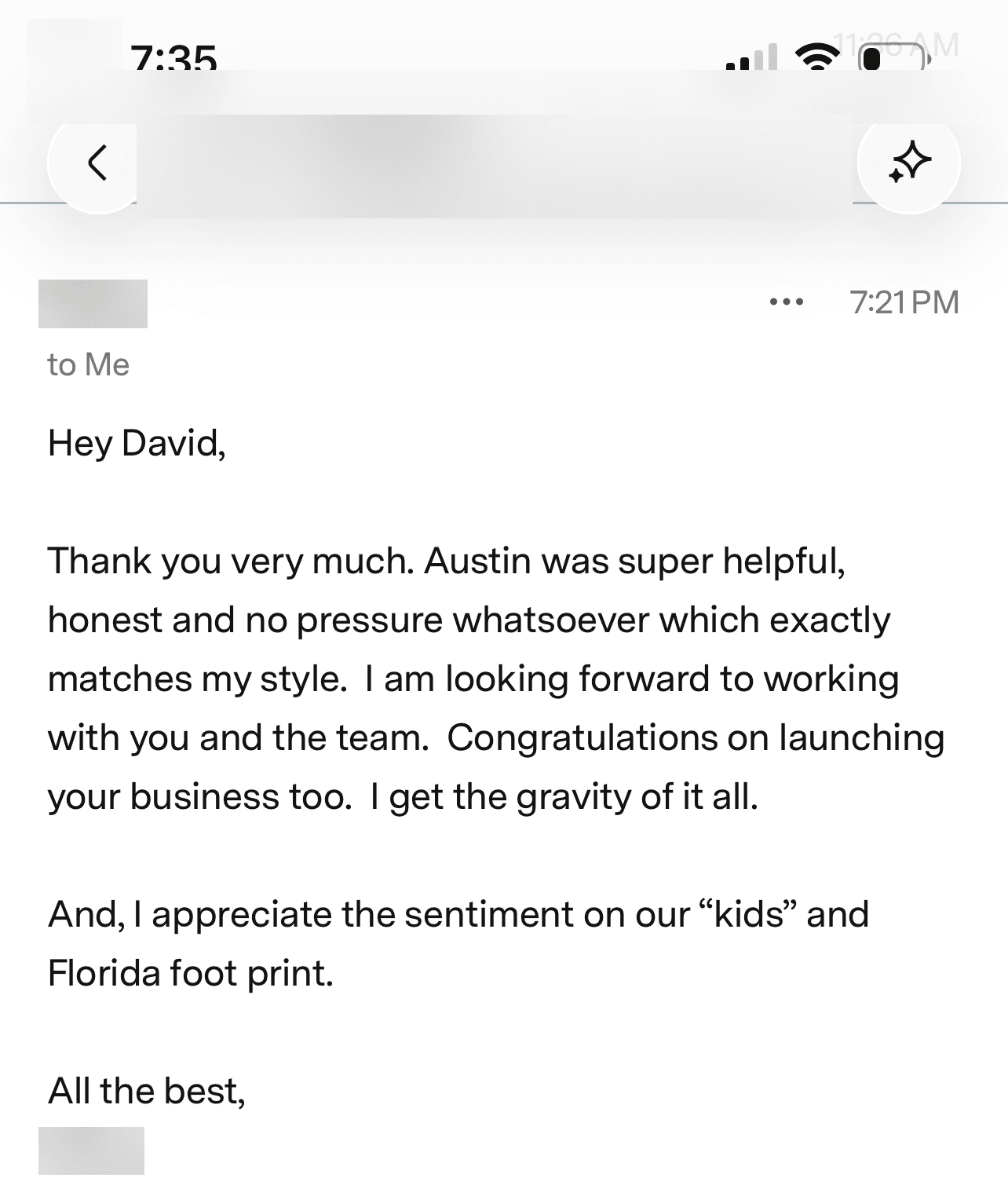 Email from a firm's president after deciding to work with WealthReach