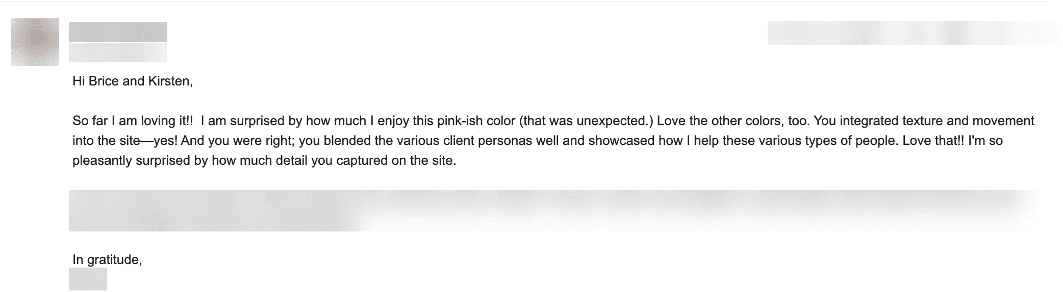 Email from an advisor reviewing the colors, design, and messaging of their new website