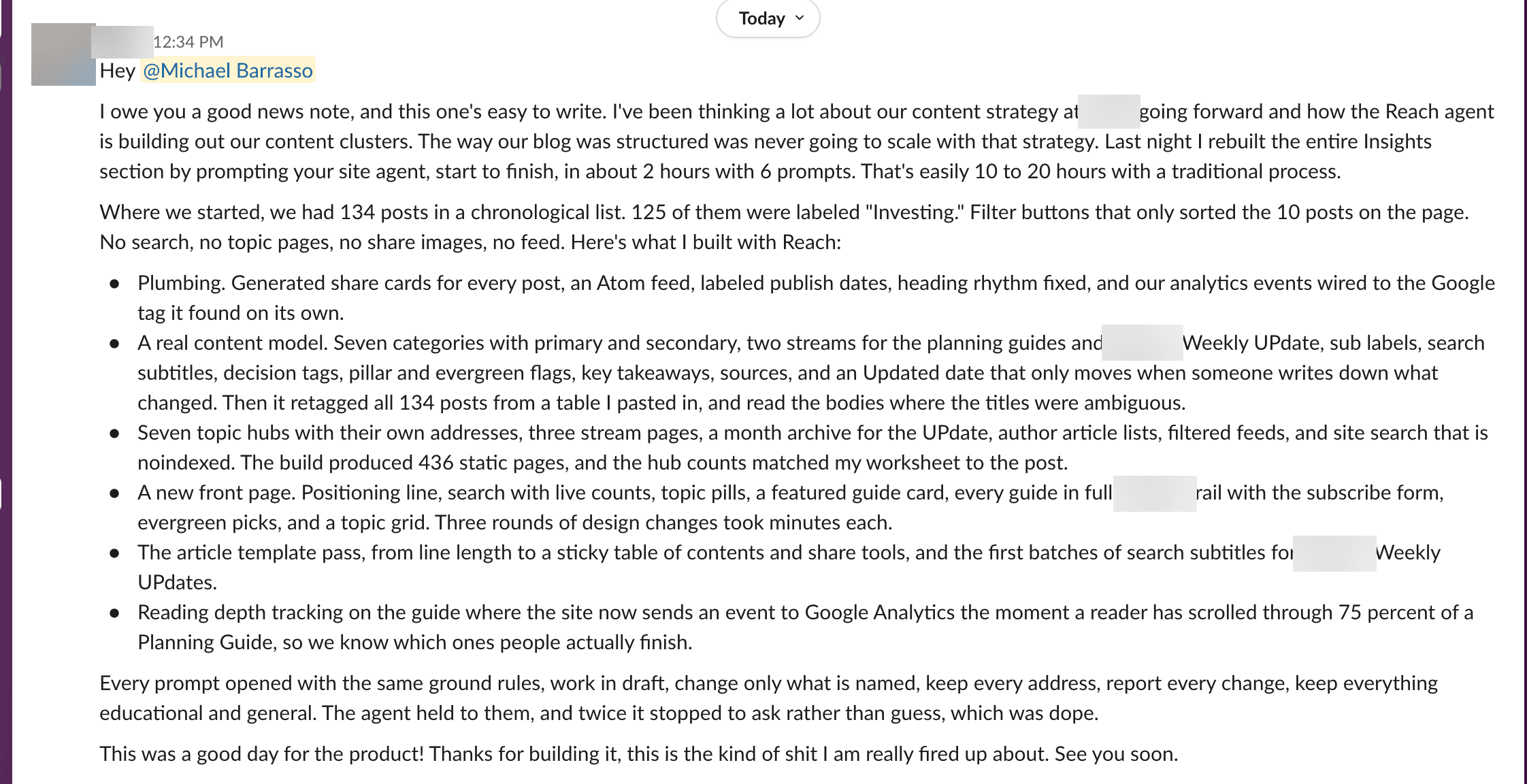Slack message from a client describing how he rebuilt his site's whole blog structure with the site agent