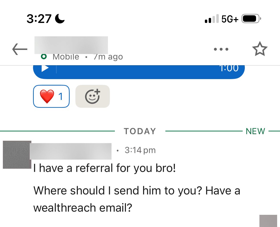LinkedIn message from a client offering to refer another advisor