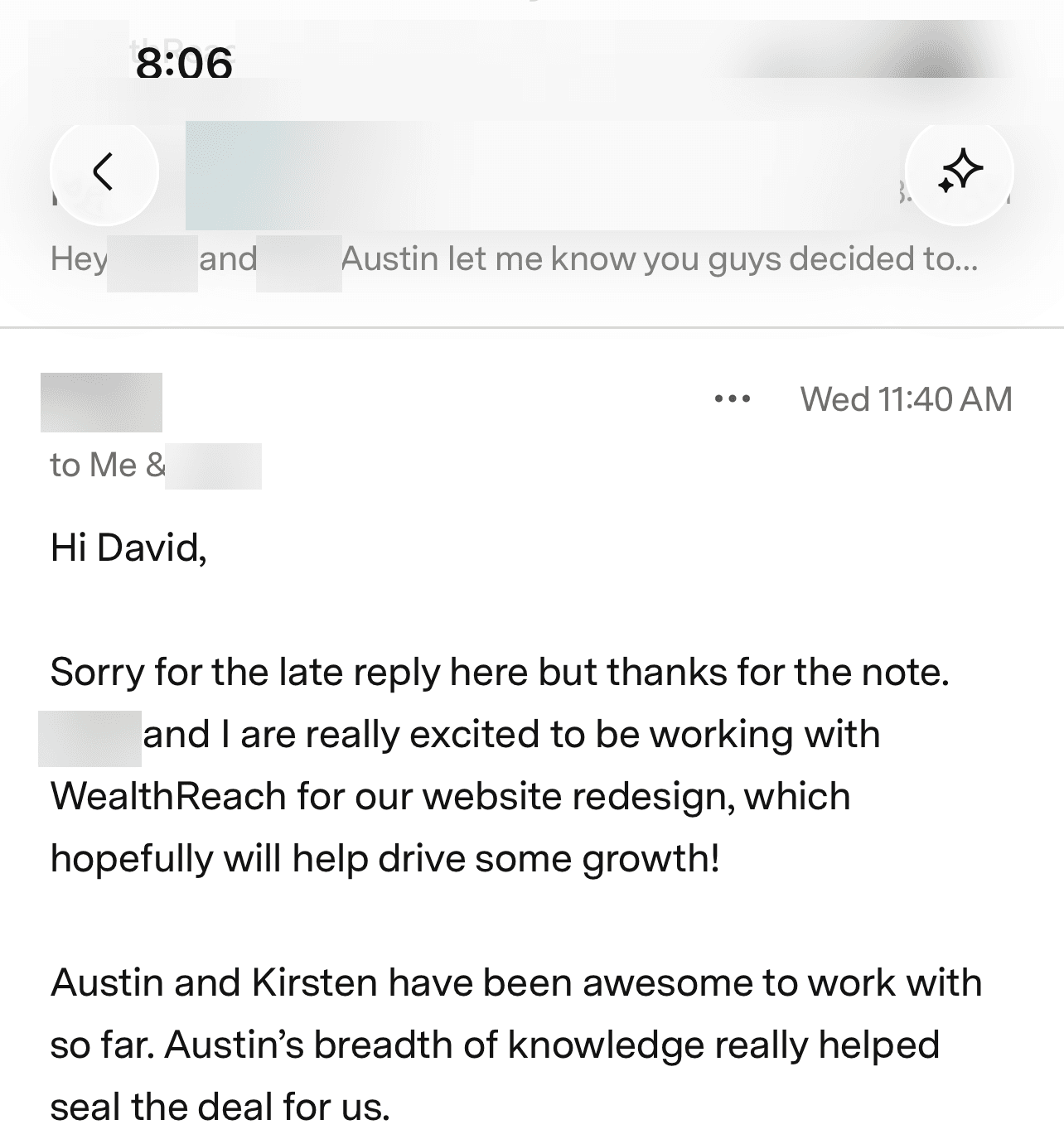 Email from an RIA co-founder after signing with WealthReach