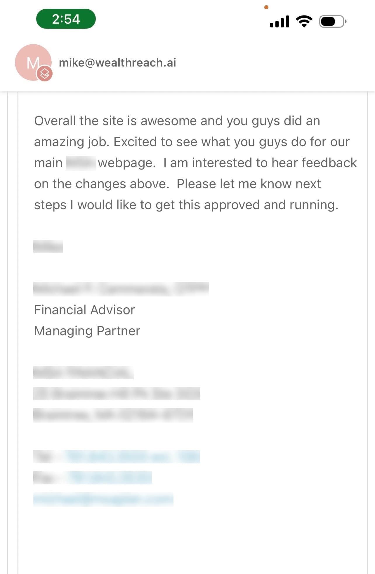 Email from a managing partner reviewing their new site