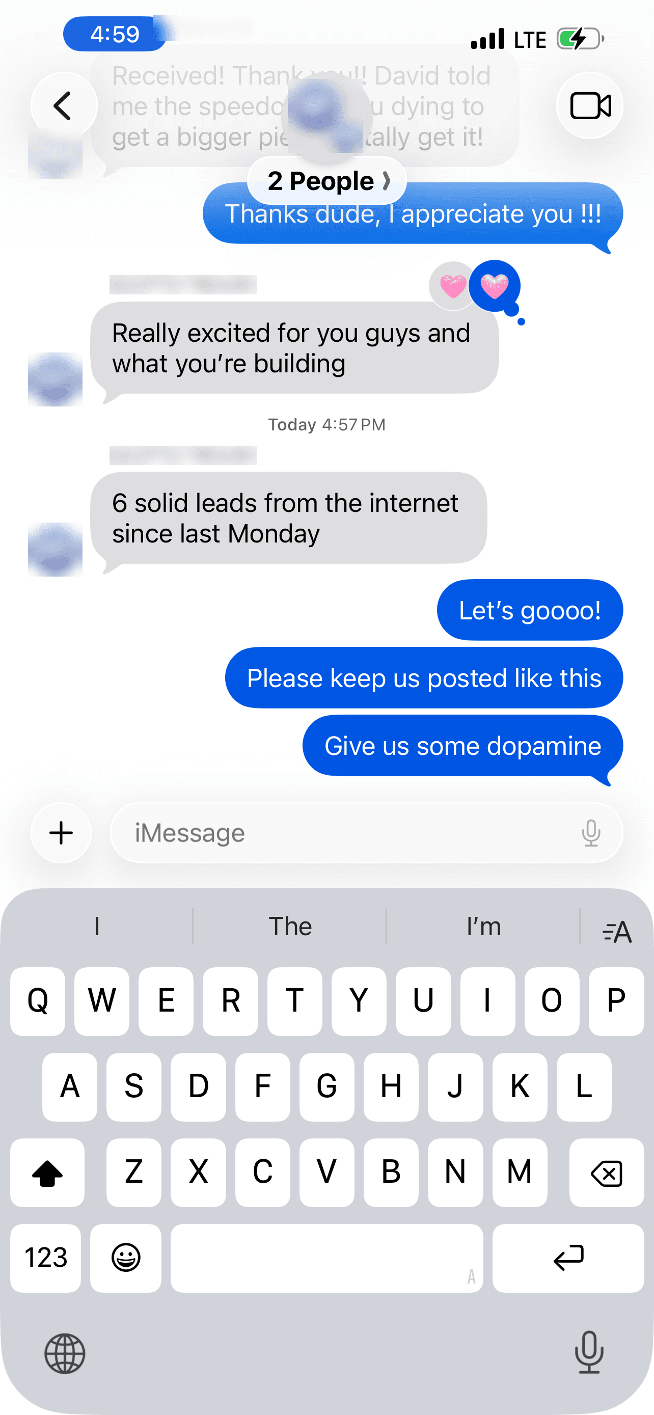 Group text from a client reporting six leads from the website in one week