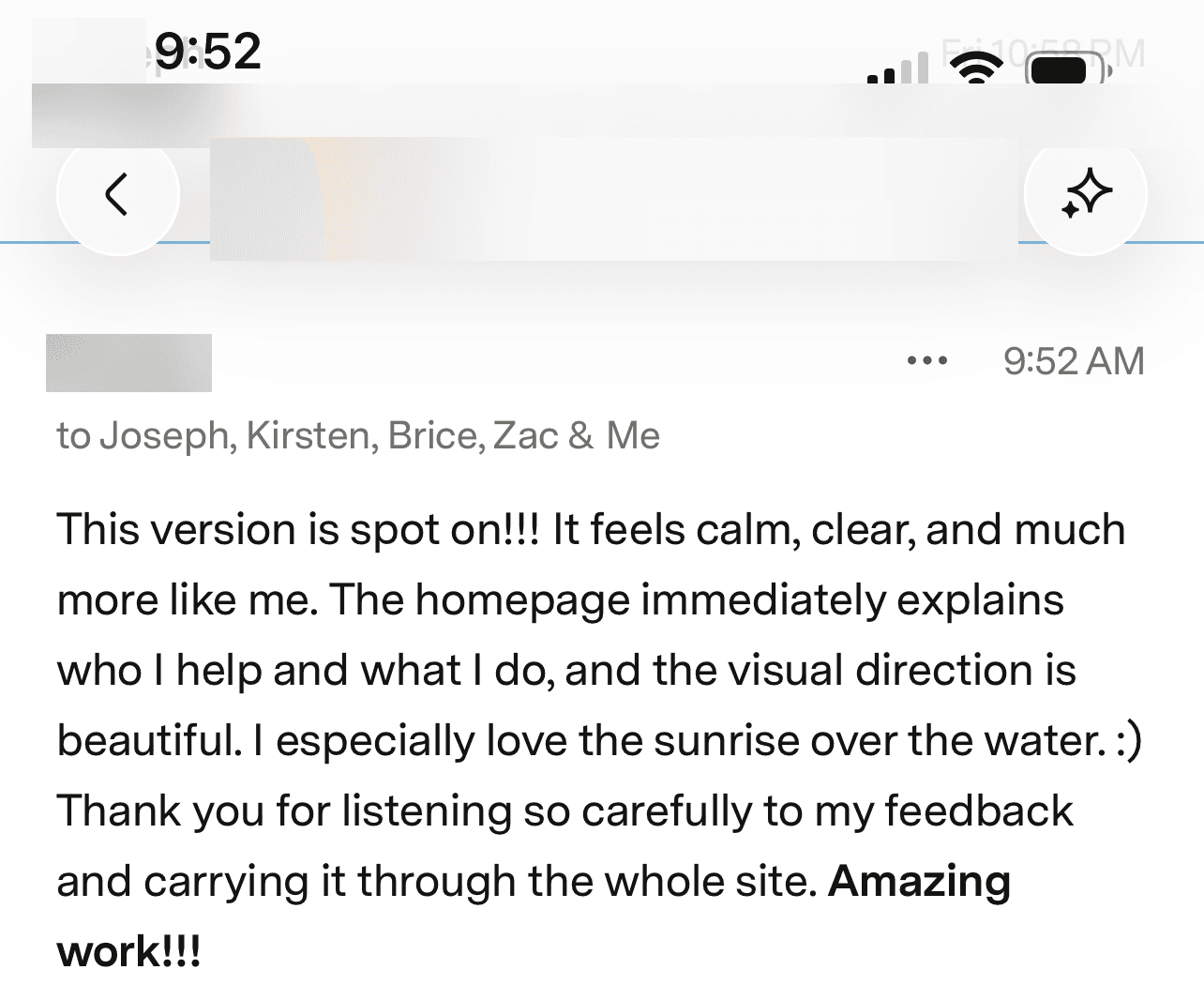 Email from a client reviewing the second version of their website