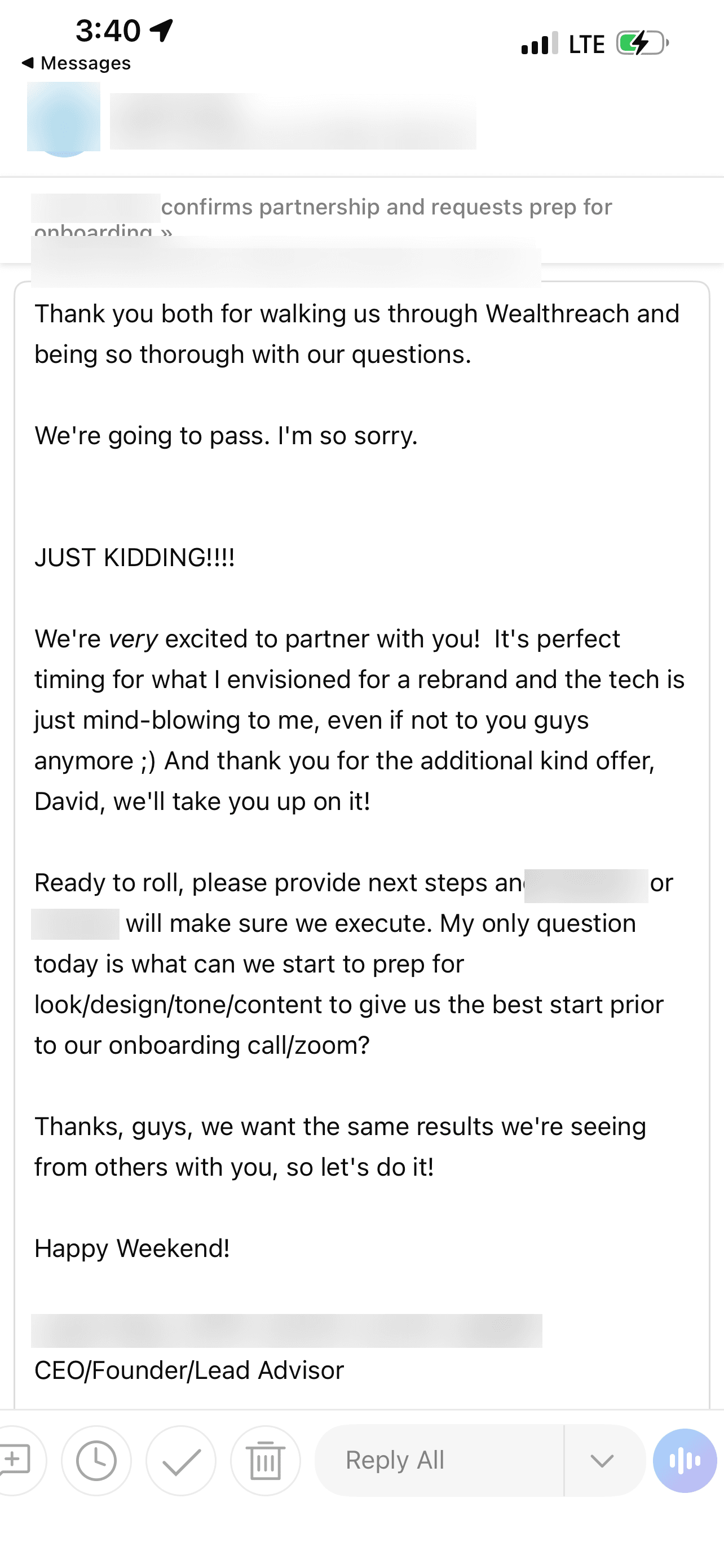 Email from a firm's CEO confirming they are moving forward with WealthReach