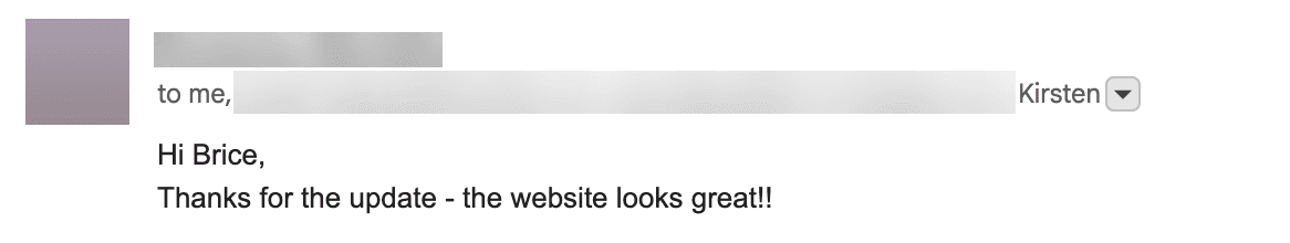 Short email from a client replying to a website update