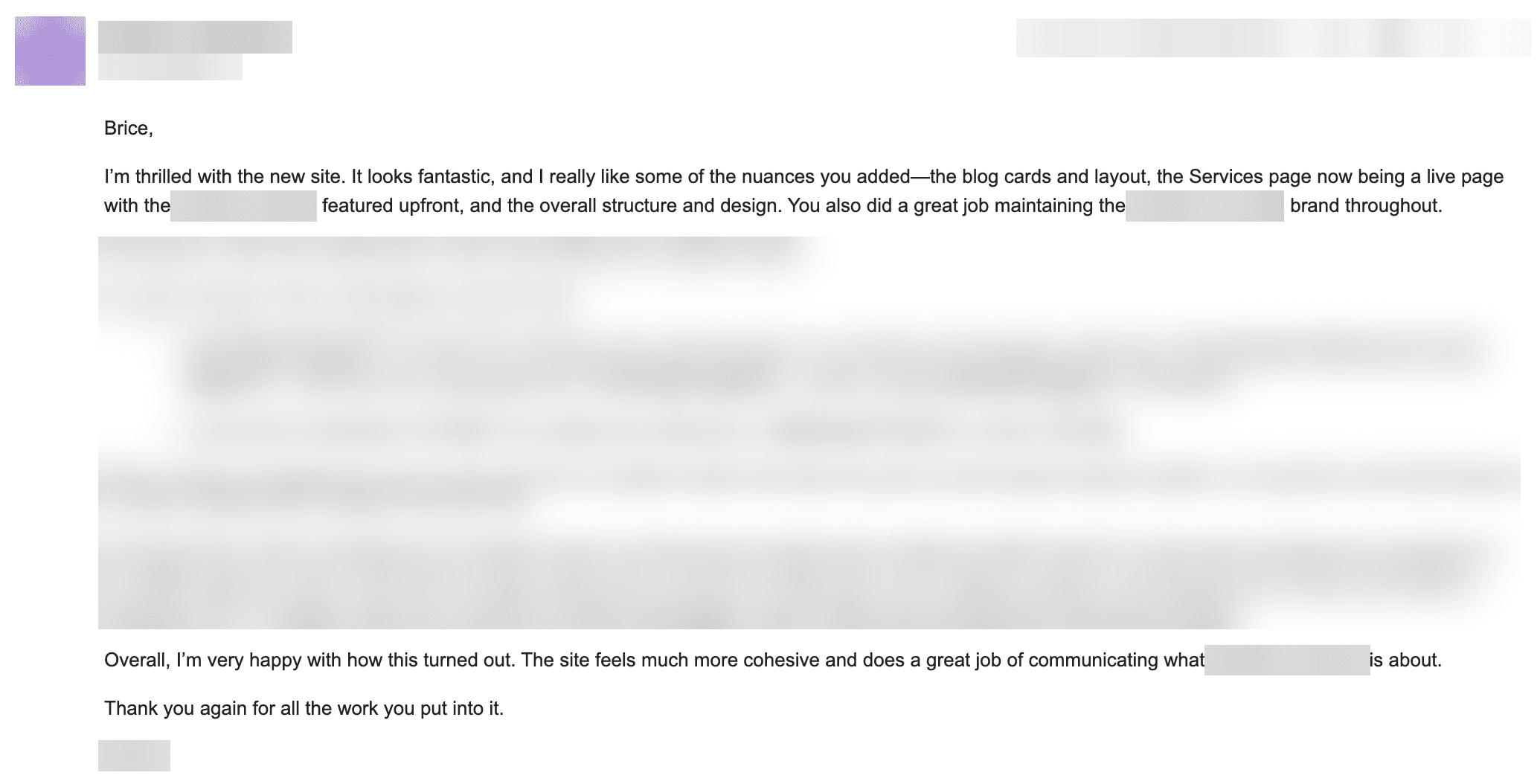 Email from a client praising the layout and structure of their new website
