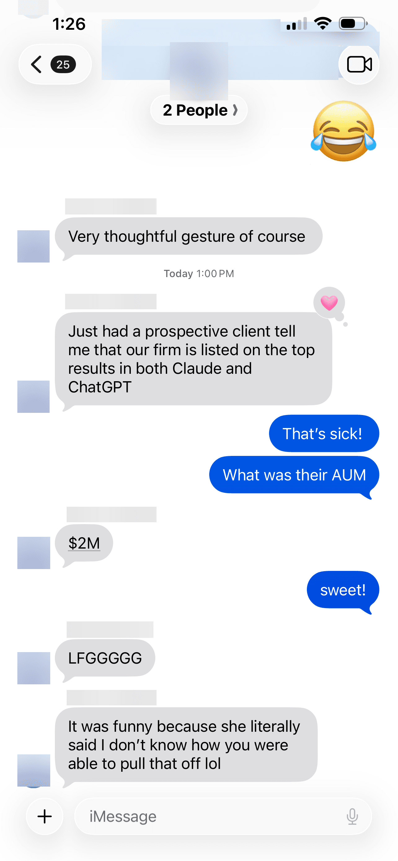 Text message from a client whose prospective client found their firm in the top results of both Claude and ChatGPT
