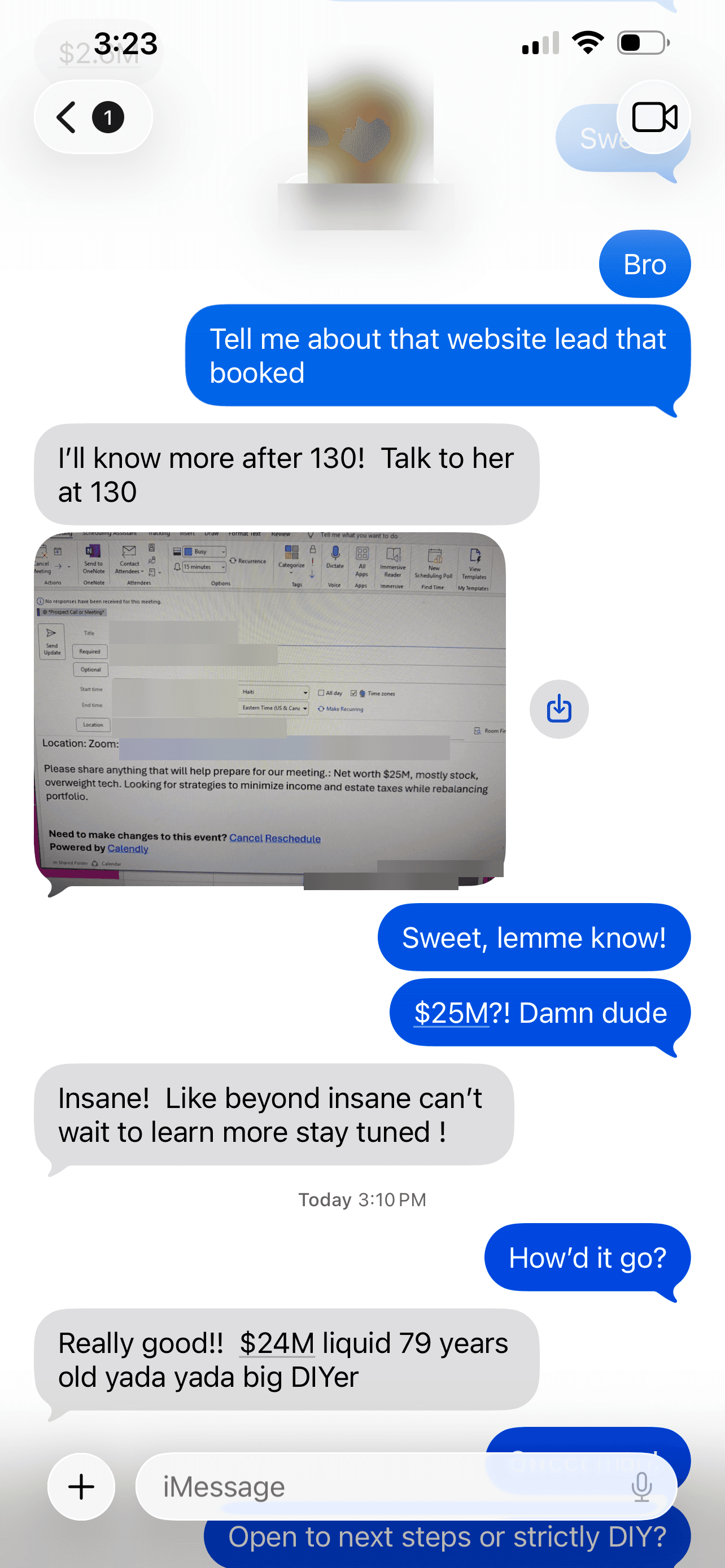 Text thread about a website lead with a $25M net worth, followed by the advisor's report after the first call
