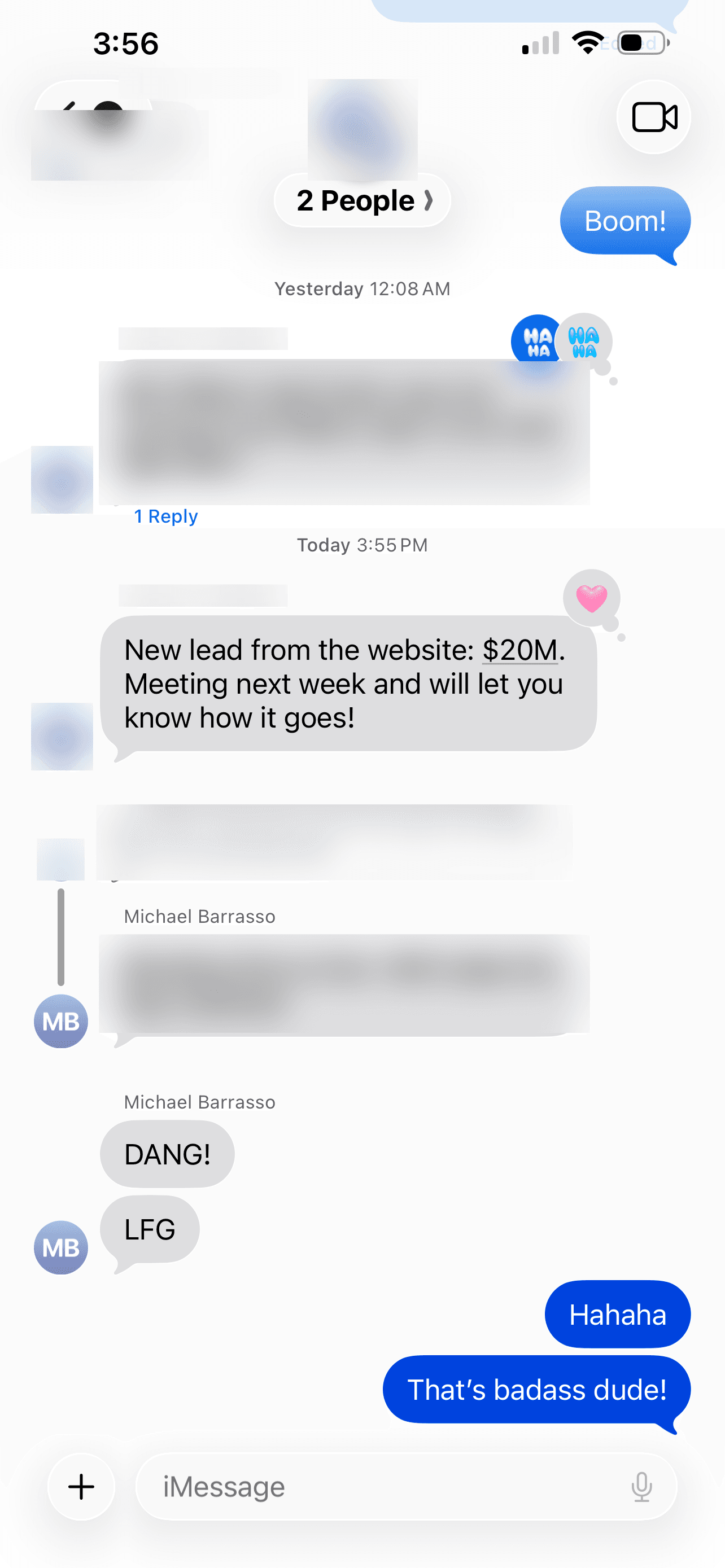 Group text from a client announcing a new $20M lead that came through their website