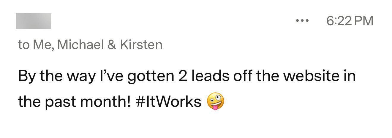 Email from a solo advisor reporting two leads from the website in its first month
