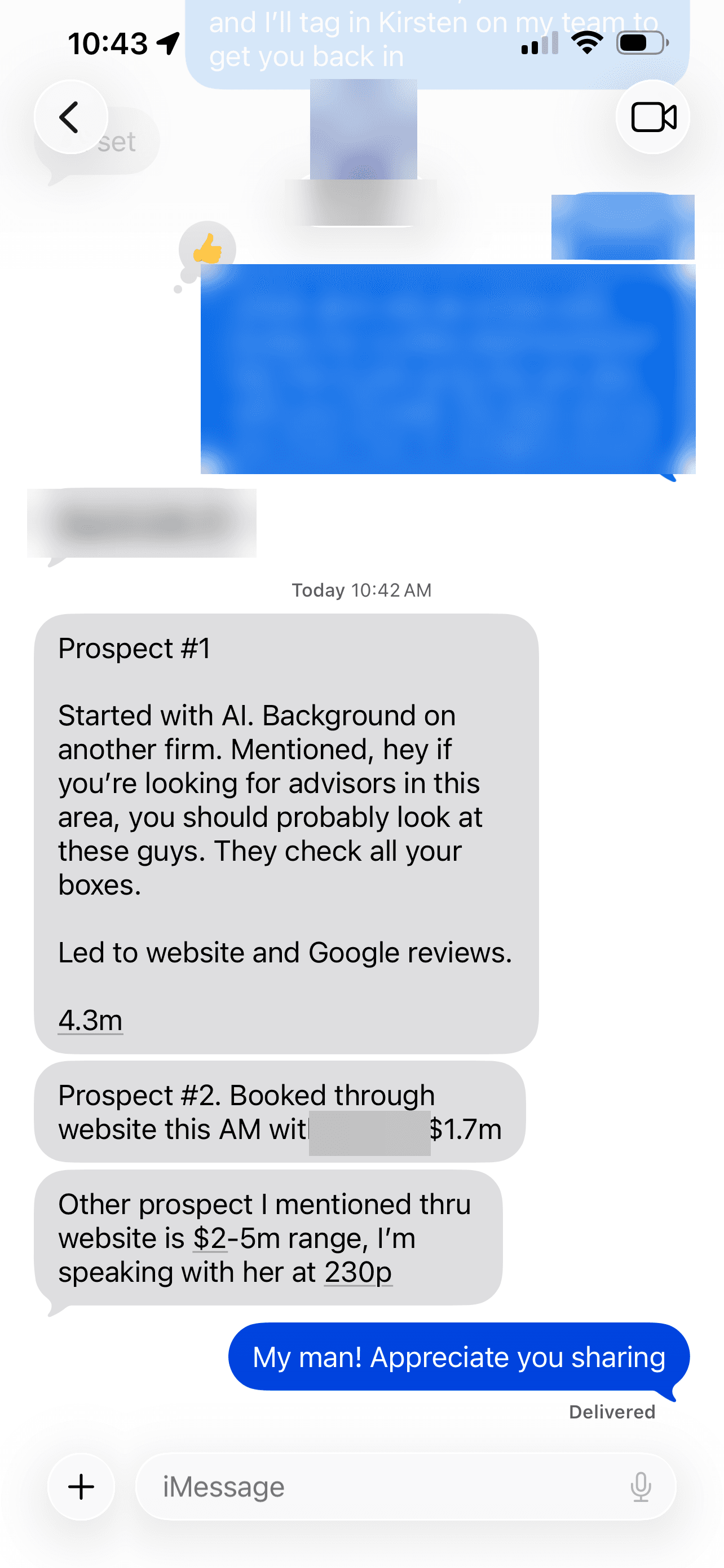 Text message from a client describing two prospects: one referred by an AI assistant, one who booked through the website