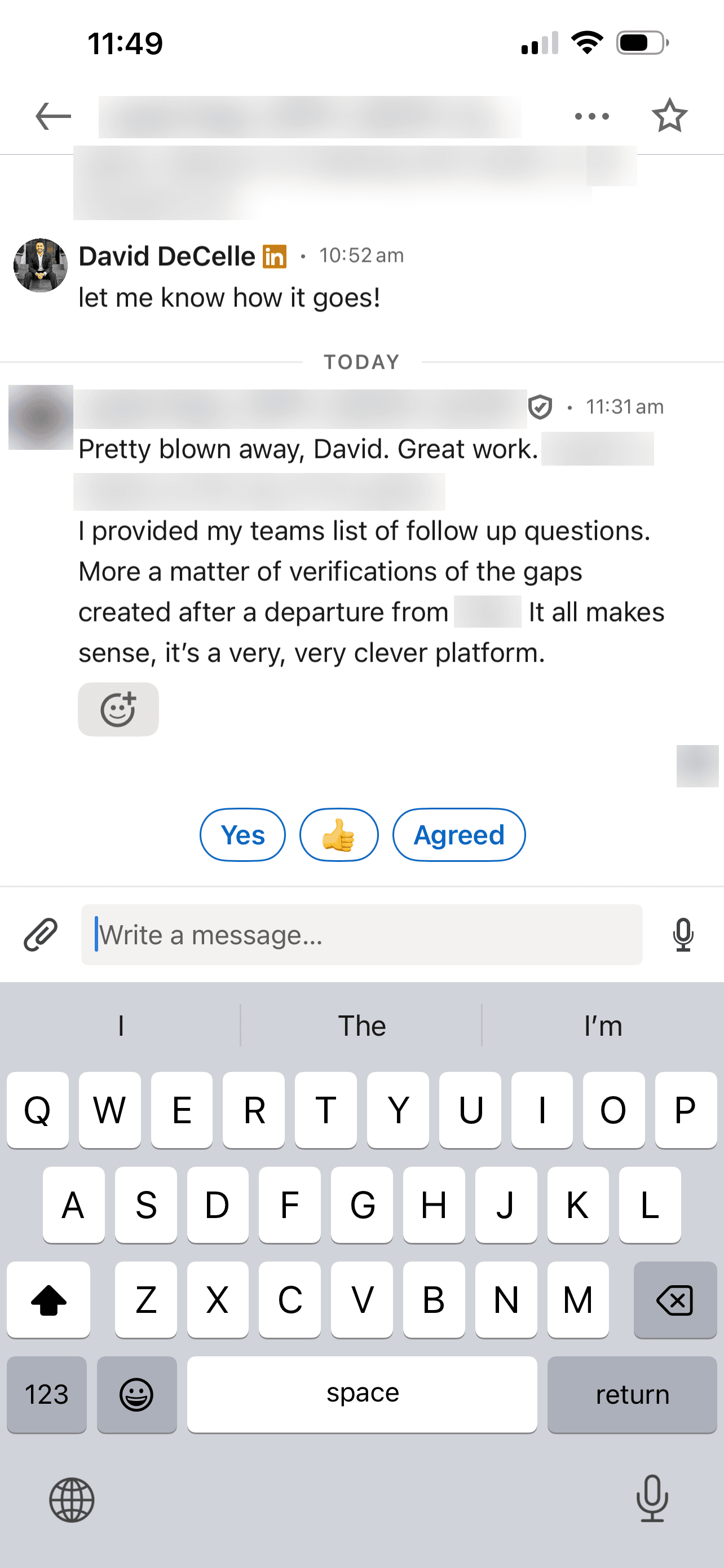 LinkedIn message from an advisor after reviewing the platform with their team