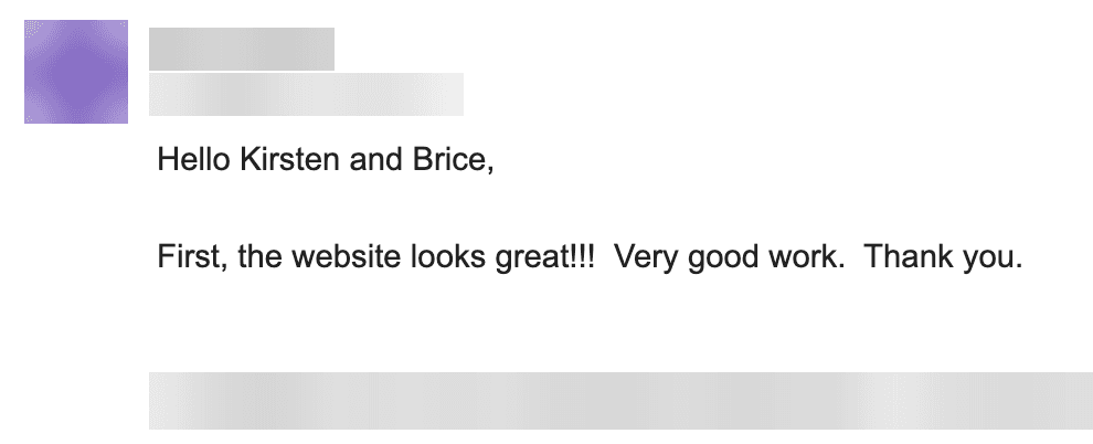 Email from a client opening with praise for their new website