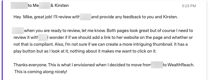 Email from a client reviewing new pages on their site after switching providers